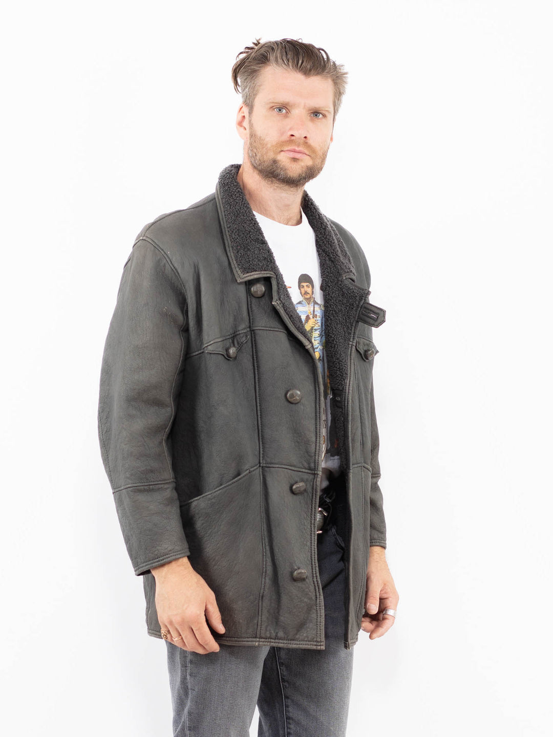Vintage 80's Men Sheepskin Coat in GrayZ2001