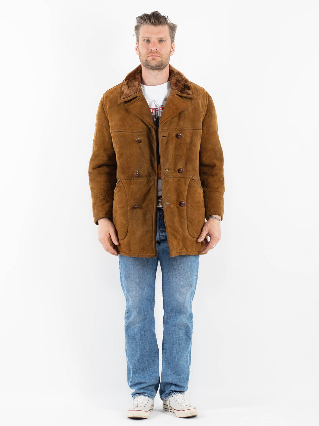 Vintage 80's Men Sheepskin Coat in BrownZ1781