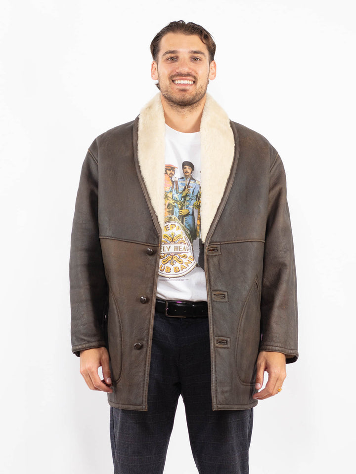 Vintage 80's Men Sheepskin Shearling Coat in BrownZ2254