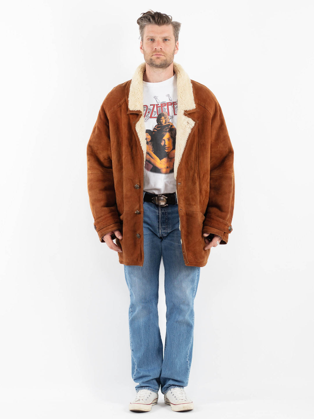 Vintage 80's Men Sheepskin Shearling Coat in BrownZ1792