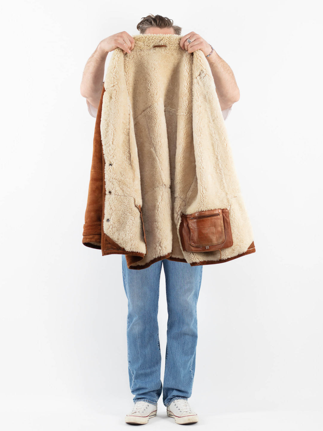 Vintage 80's Men Sheepskin Shearling Coat in BrownZ1792