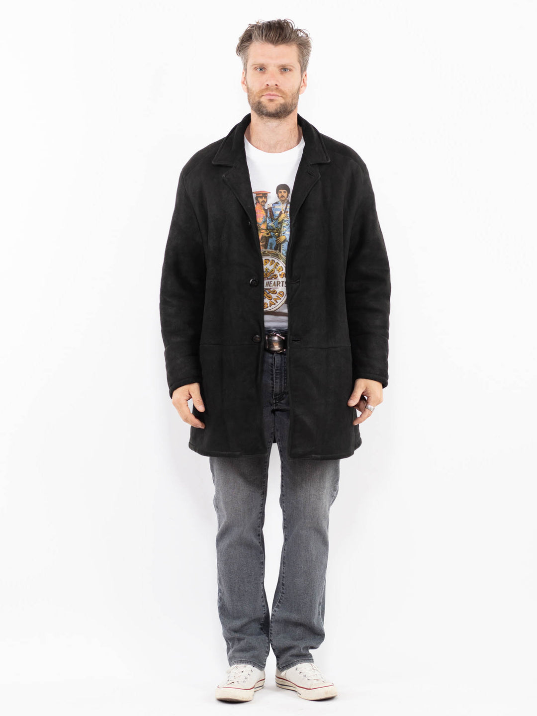 Vintage 80's Men Sheepskin Shearling Coat in BlackZ2027