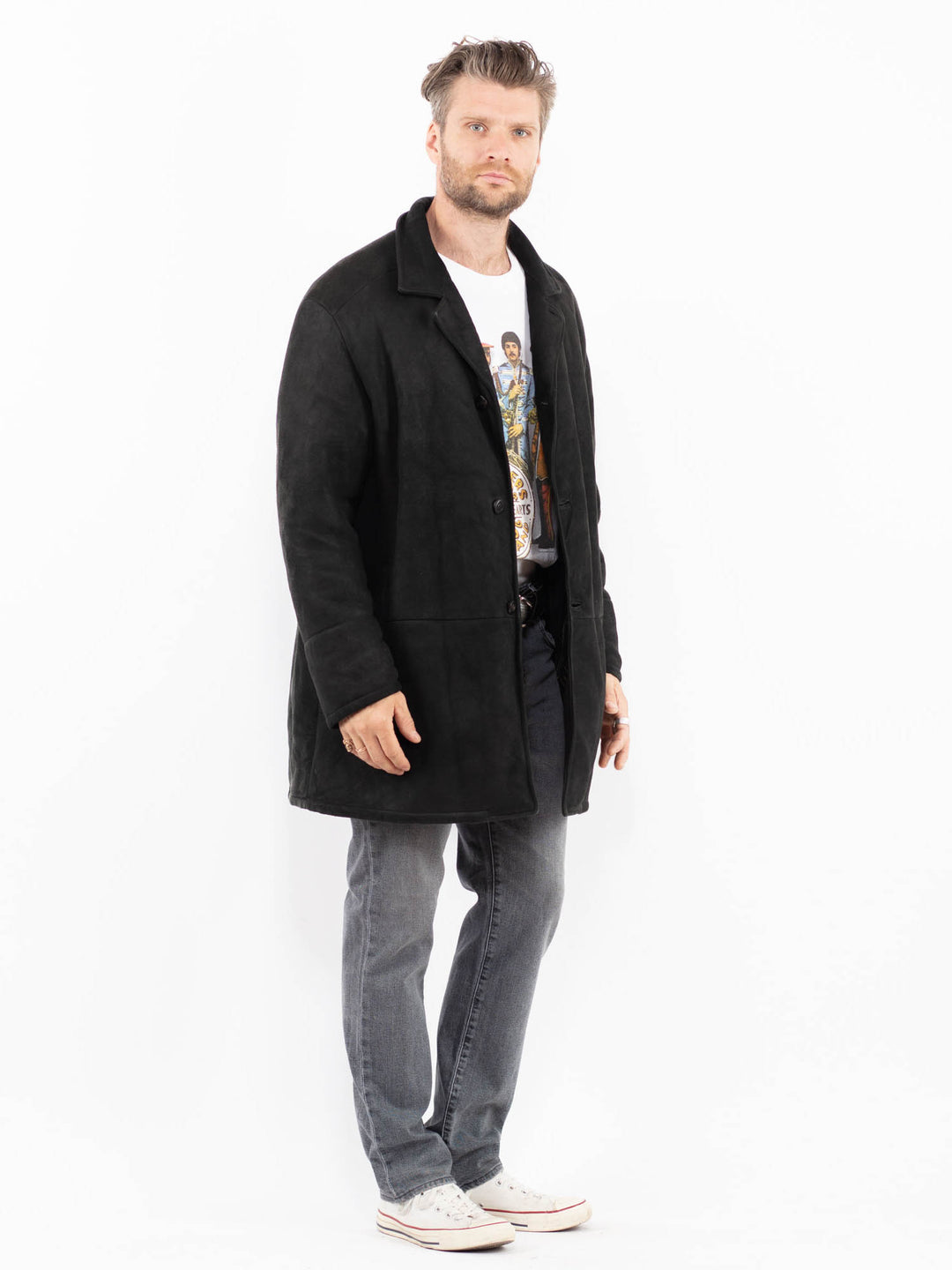 Vintage 80's Men Sheepskin Shearling Coat in BlackZ2027