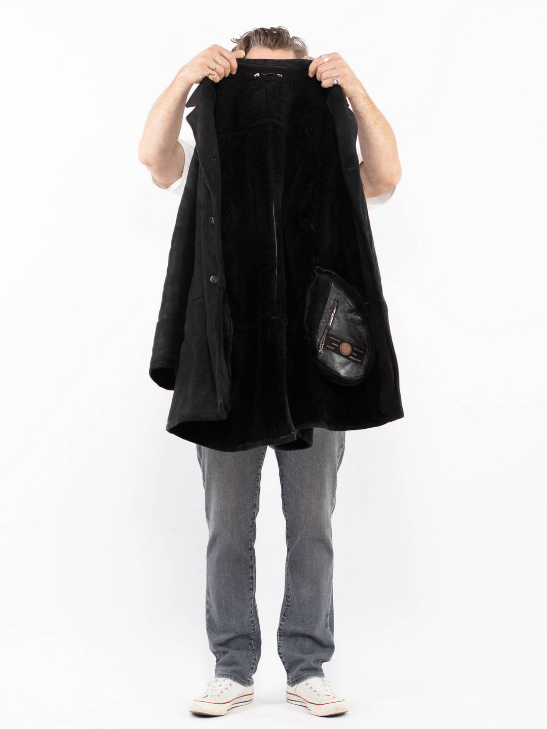 Vintage 80's Men Sheepskin Shearling Coat in BlackZ2027