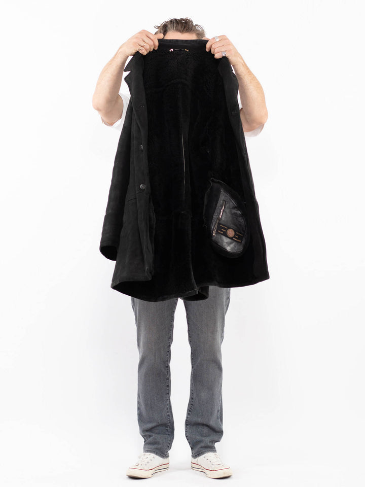 Vintage 80's Men Sheepskin Shearling Coat in BlackZ2027