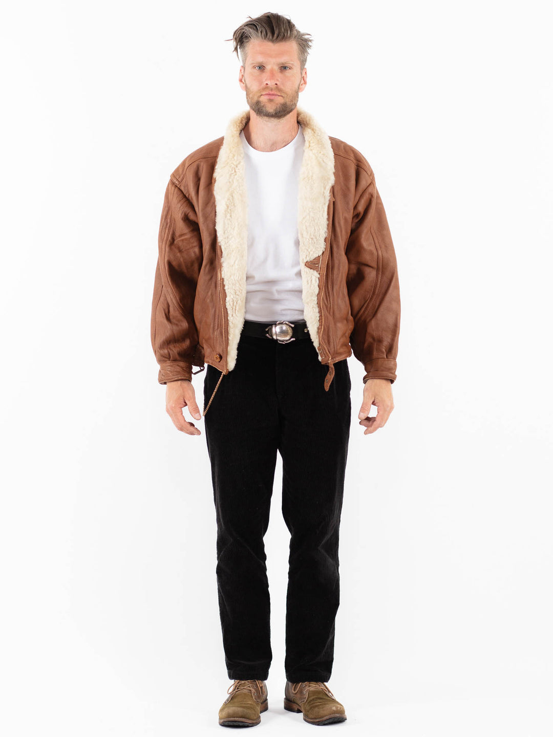 Vintage 80's Men Sheepskin Shearling Jacket in BrownZ1832