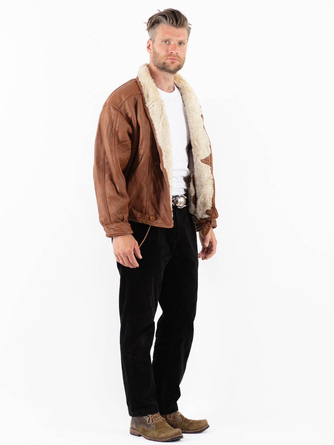 Vintage 80's Men Sheepskin Shearling Jacket in BrownZ1832