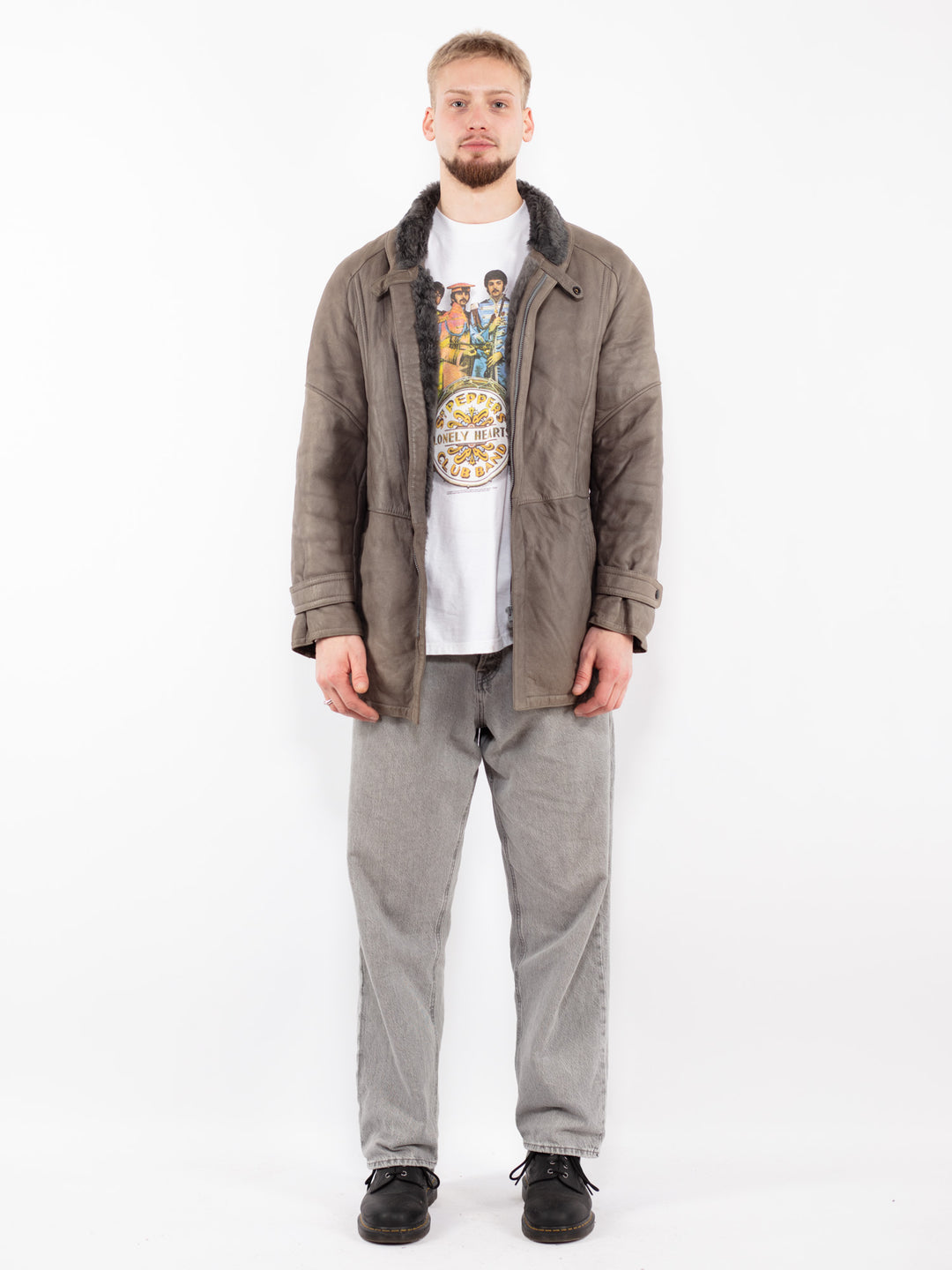 Vintage 80's Men Sheepskin Jacket in Gray