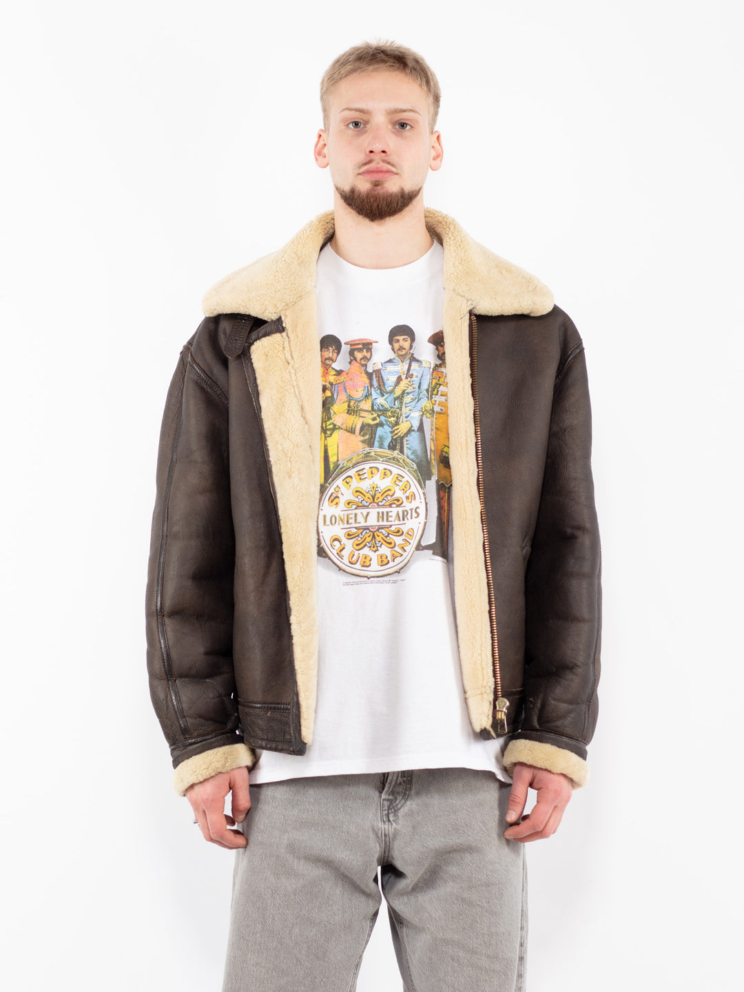 Vintage 80's Men B-3 Style Sheepskin Jacket in Brown