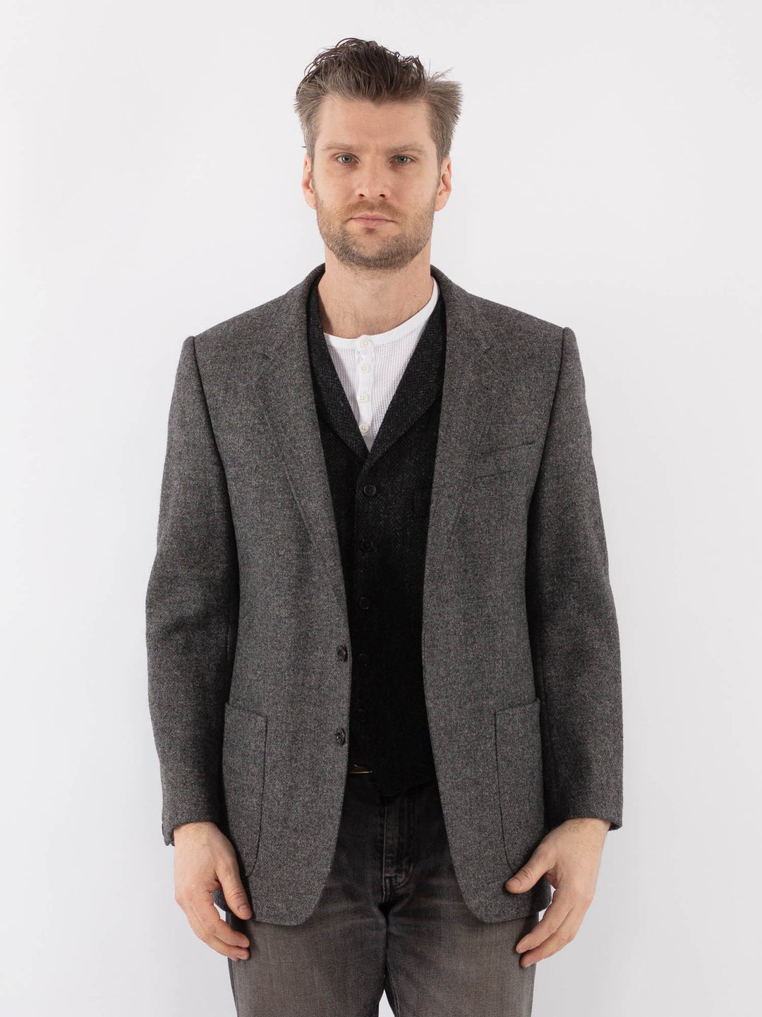 Vintage 80's Men Wool Blazer Jacket in GrayZ1039