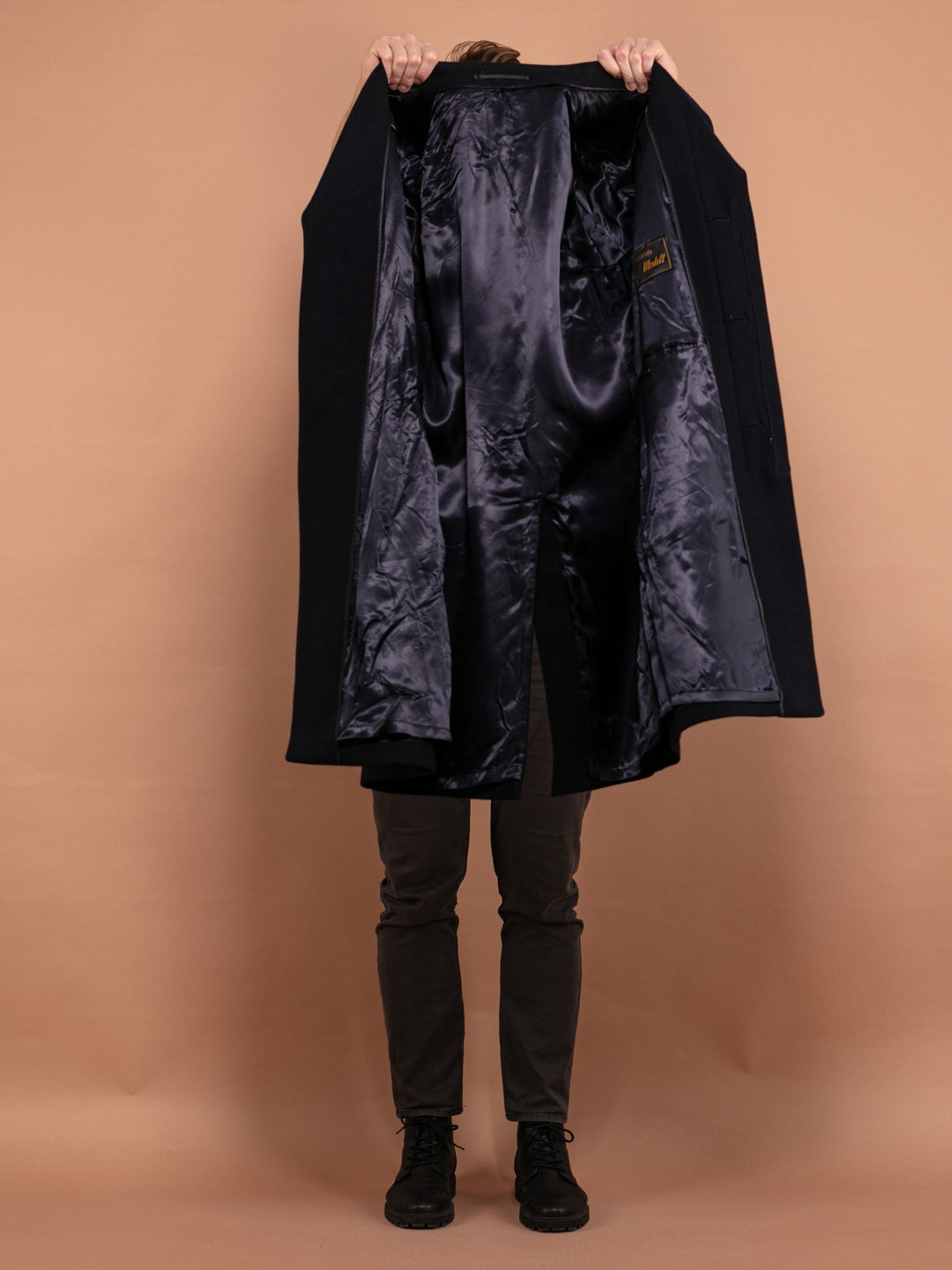 Vintage 80's Men Wool Blend Coat in Navy Blue - NorthernGrip