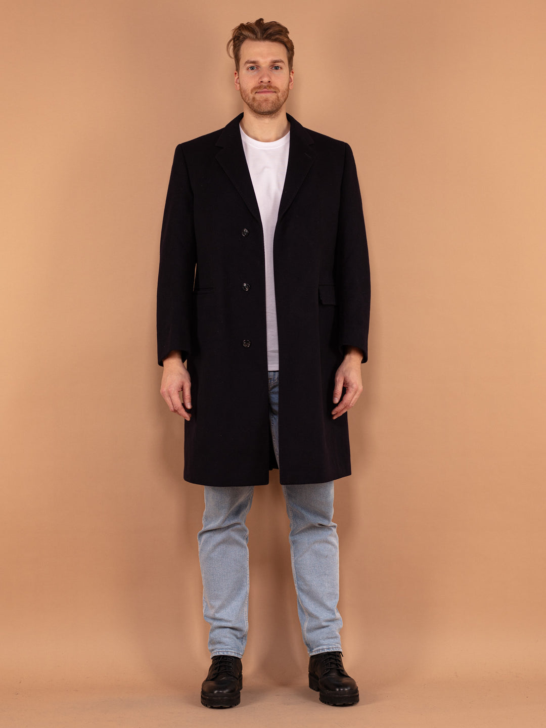 Vintage 80's Men Wool Coat in Navy - NorthernGrip