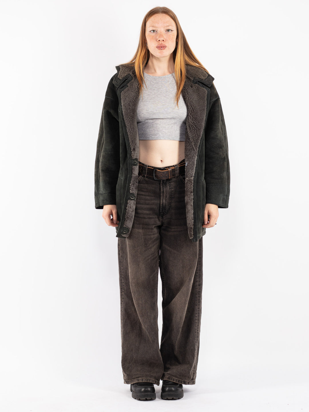 Vintage 80's Women Sheepskin Coat in Green