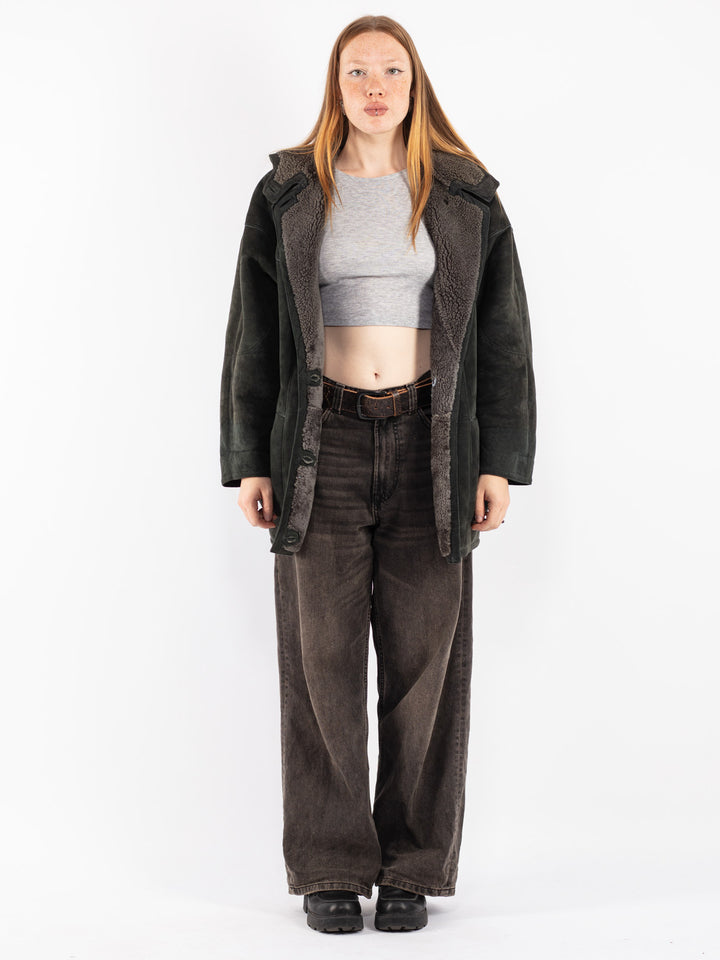 Vintage 80's Women Sheepskin Coat in Green