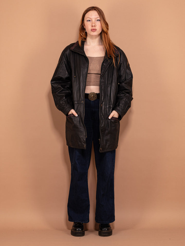 Vintage 80's Women Leather Parka Coat in Black - NorthernGrip
