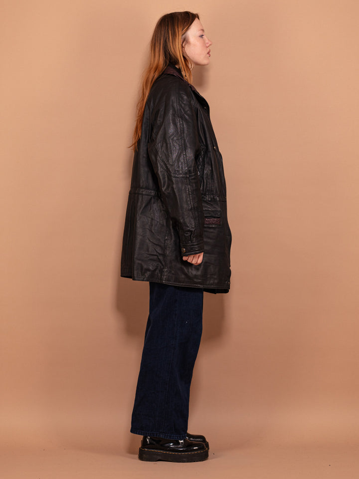 Vintage 80's Women Leather Parka Coat in Black - NorthernGrip