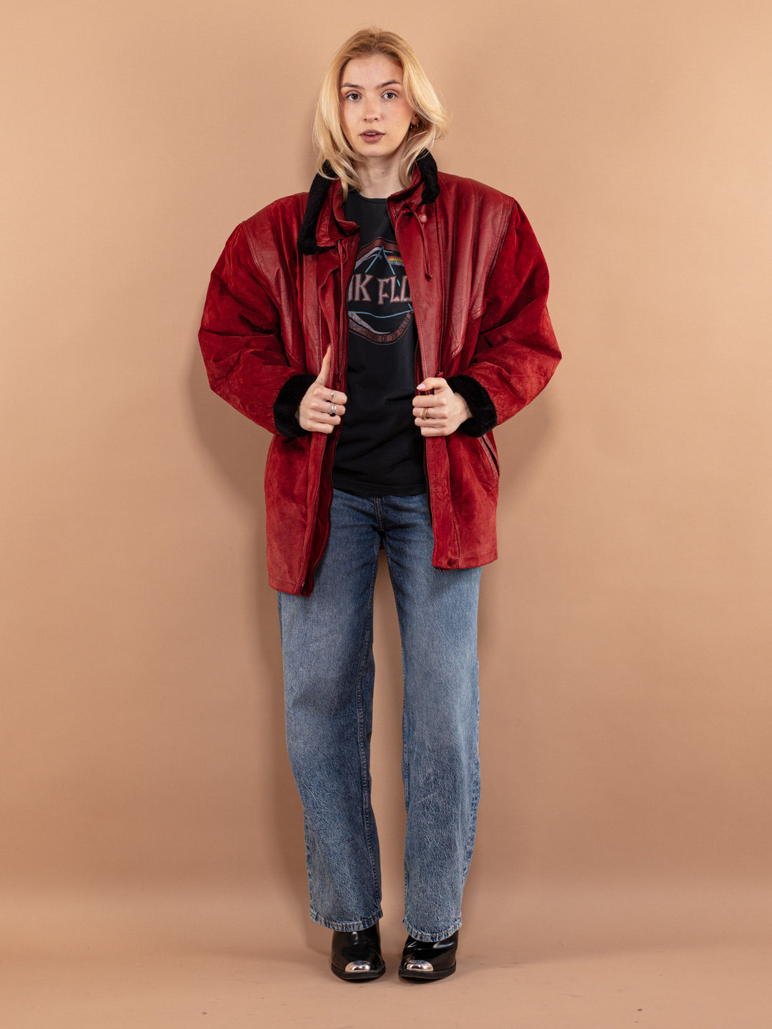 Vintage 80's Women Leather Parka Coat in Red - NorthernGrip