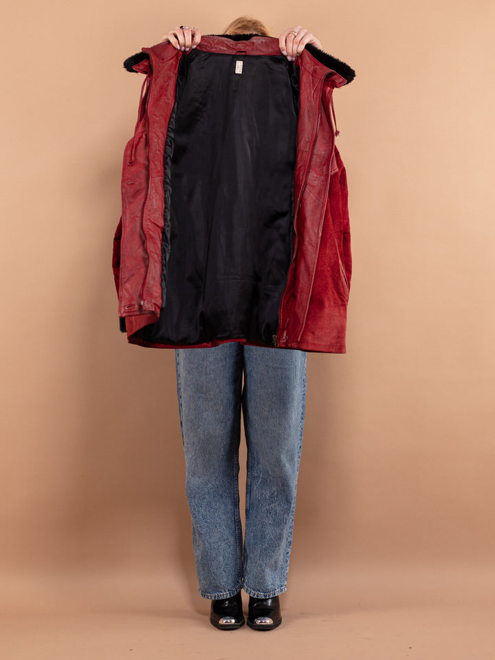 Vintage 80's Women Leather Parka Coat in Red - NorthernGrip
