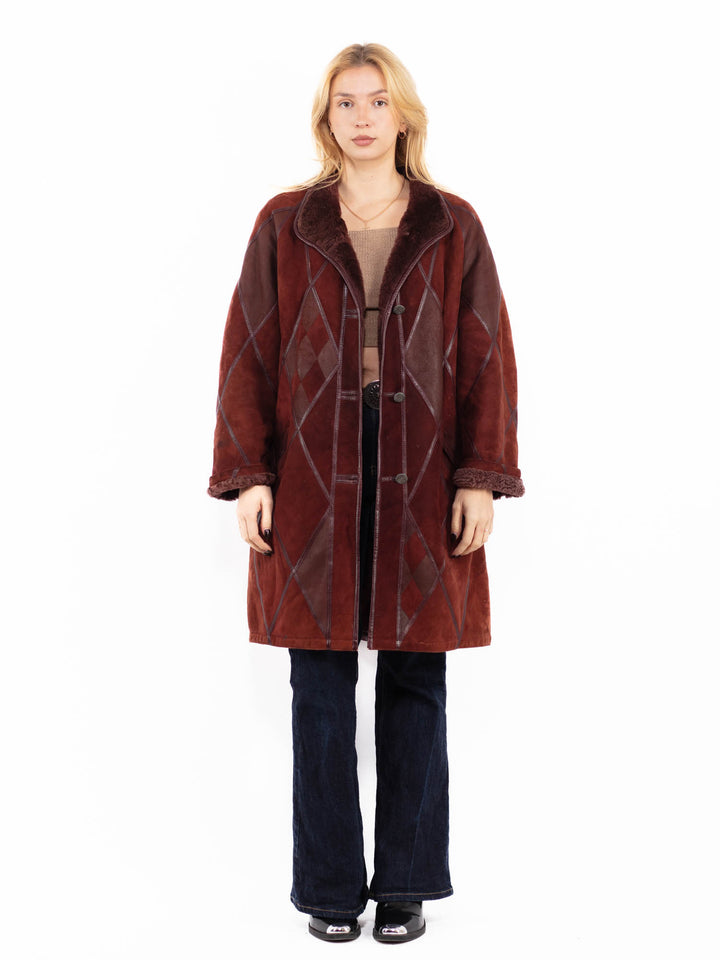 Vintage 80's Women Sheepskin Coat in Burgundy Brown