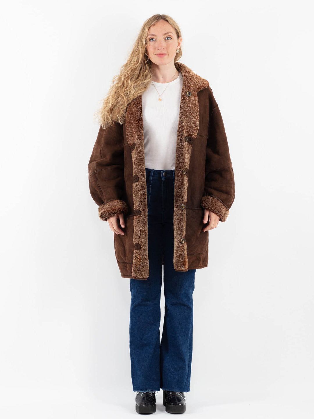 Vintage 80's Women Sheepskin Shearling Coat in BrownV9857