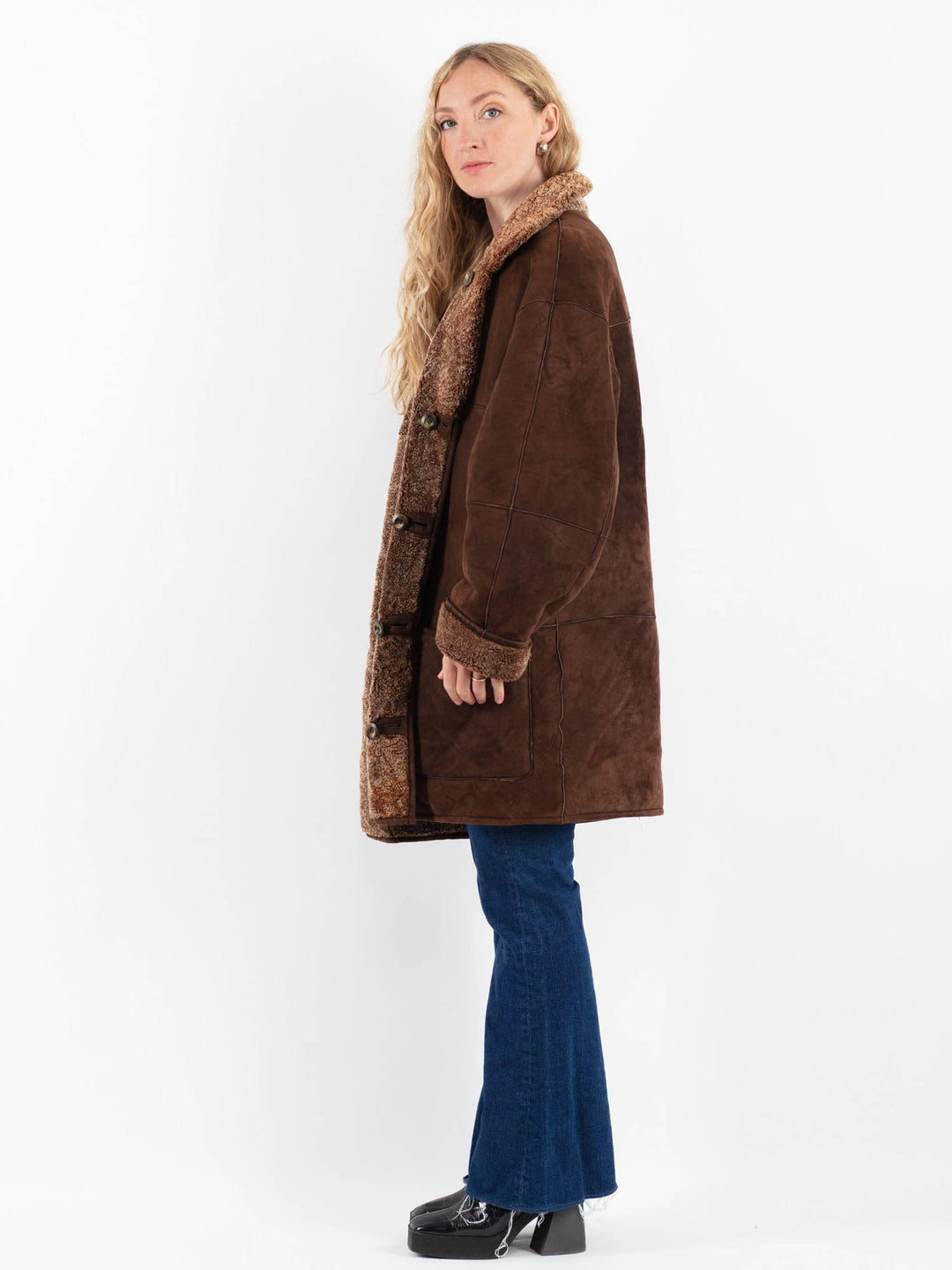 Vintage 80's Women Sheepskin Shearling Coat in BrownV9857