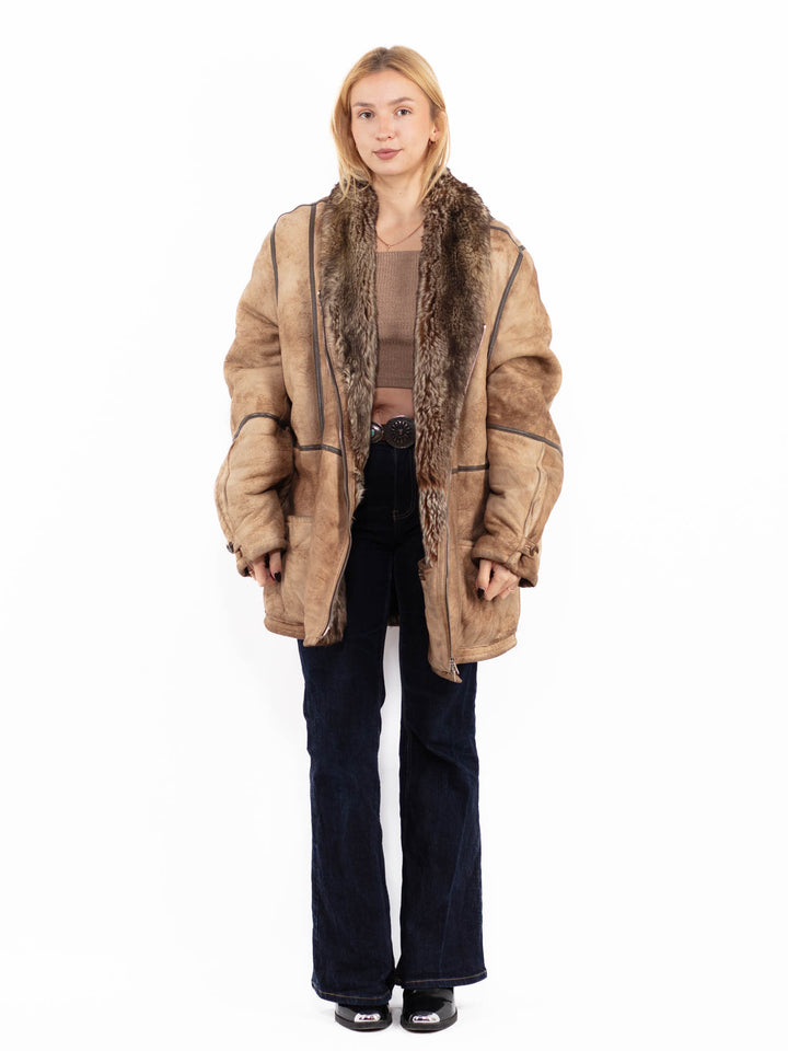 Vintage 80's Penny Lane Sheepskin Coat in Beige Brown