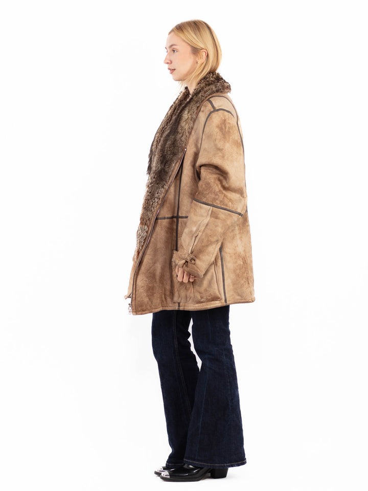 Vintage 80's Penny Lane Sheepskin Coat in Beige Brown