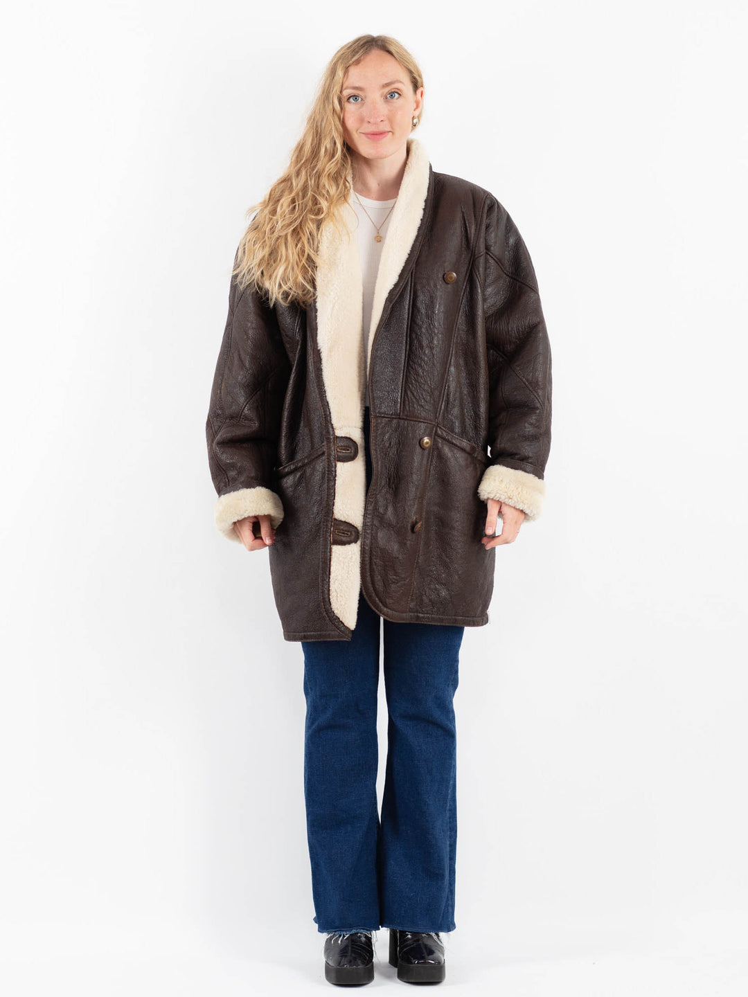 Vintage 80's Women Sheepskin Shearling Coat in BrownV9859