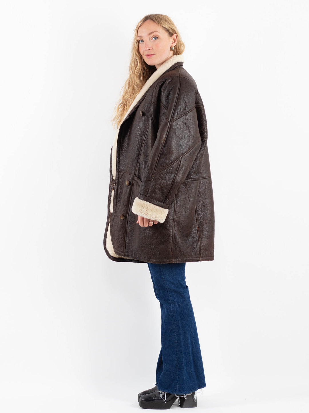 Vintage 80's Women Sheepskin Shearling Coat in BrownV9859