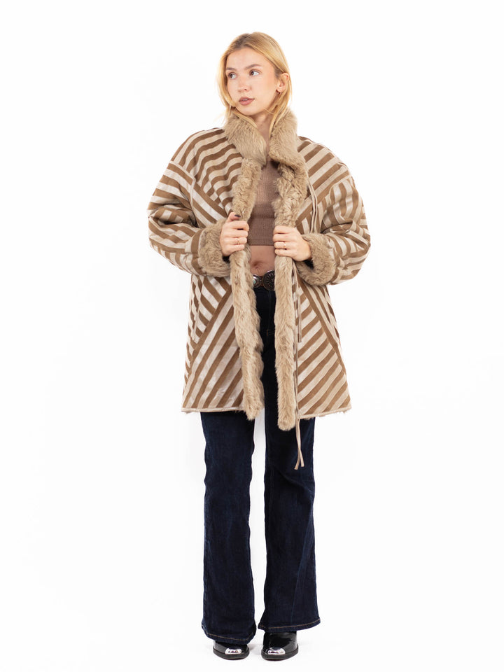 Vintage 80's Penny Lane Sheepskin Coat in Beige Brown