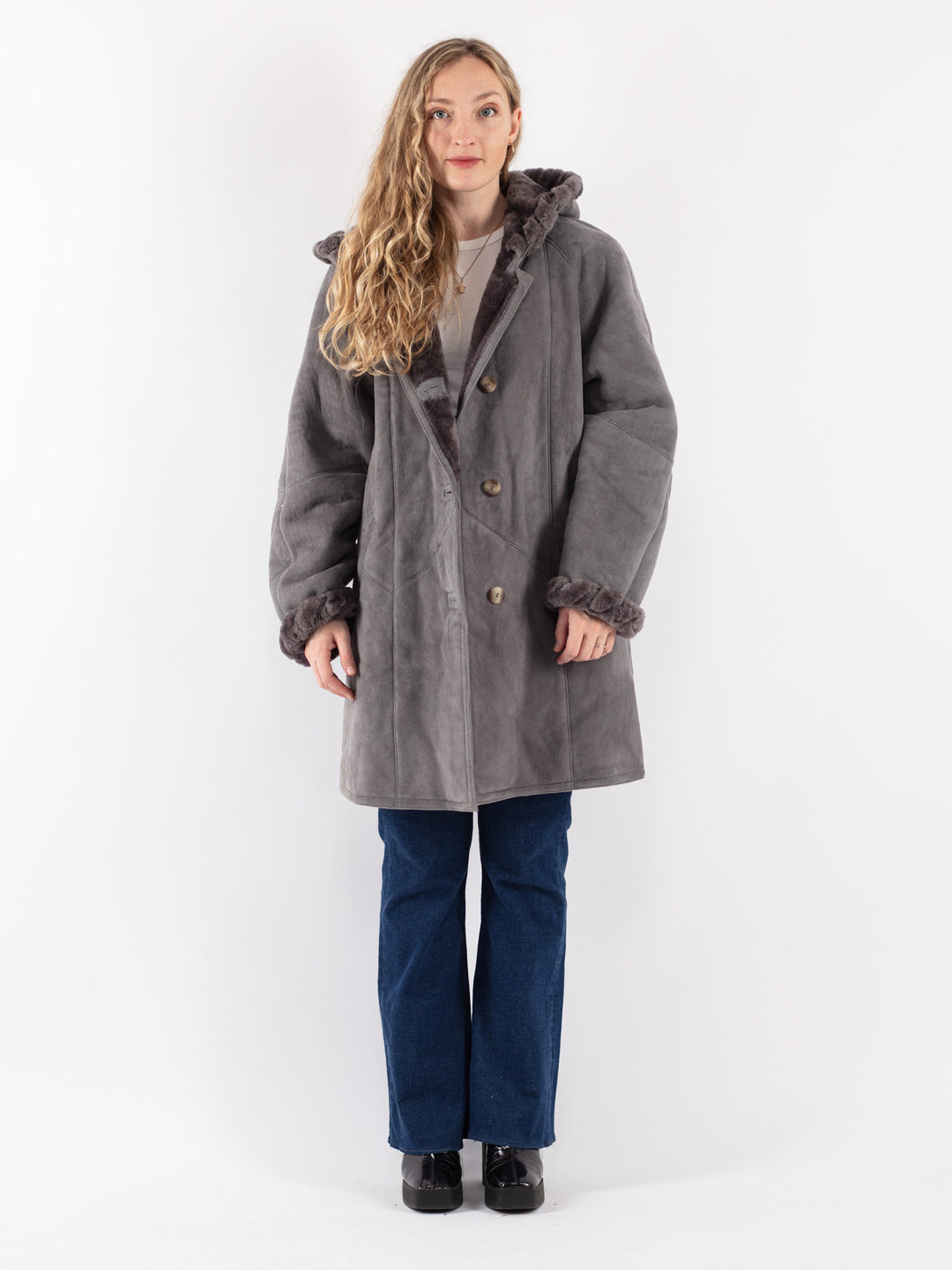Vintage 80's Women Sheepskin Coat in Gray