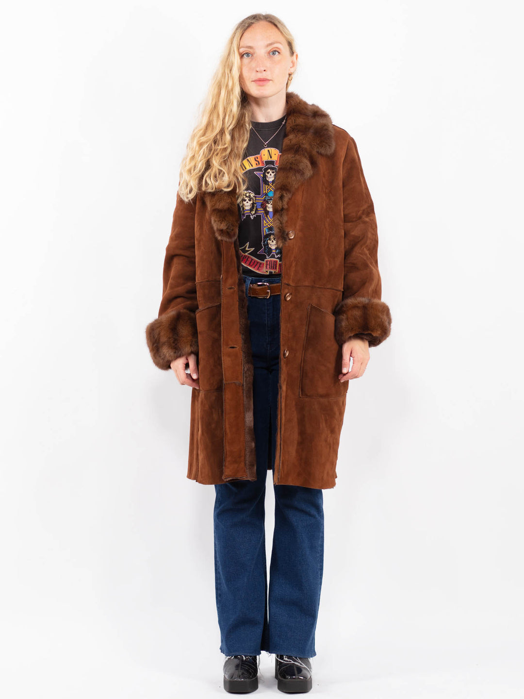Vintage 80's Women Sheepskin Shearling Coat in BrownA0391