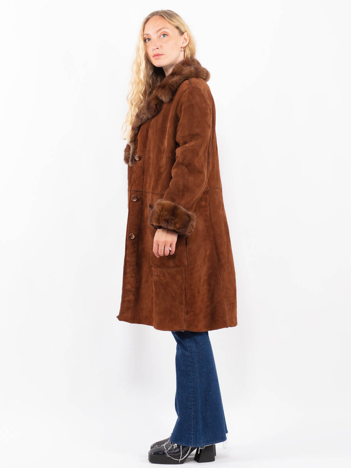 Vintage 80's Women Sheepskin Shearling Coat in BrownA0391