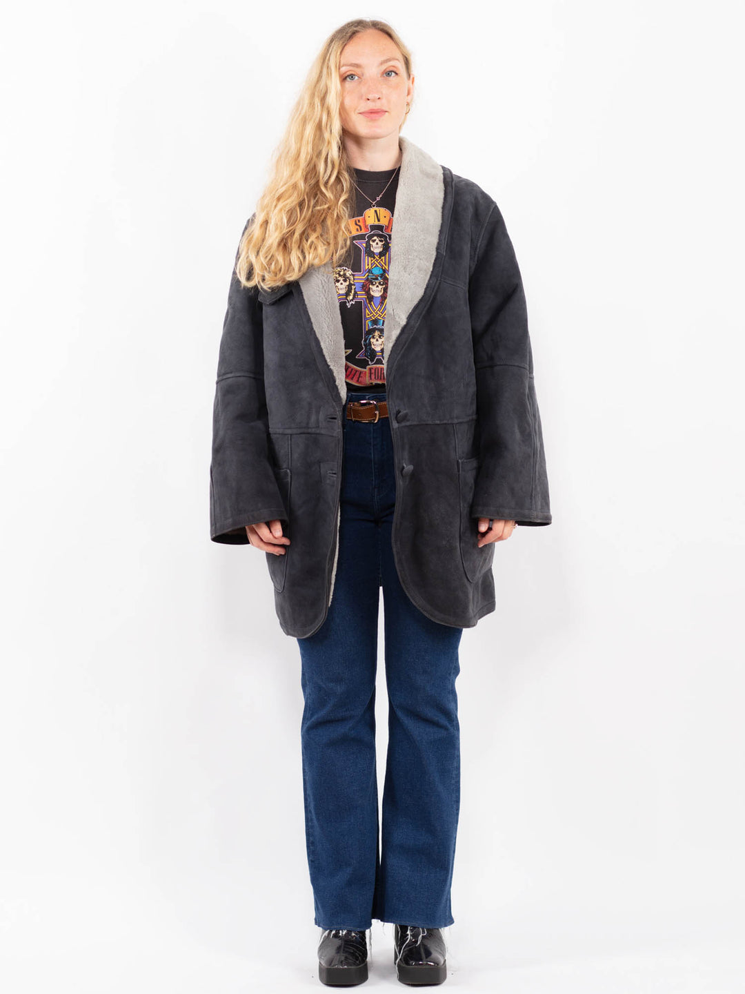Vintage 80's Women Sheepskin Coat in GrayA0404