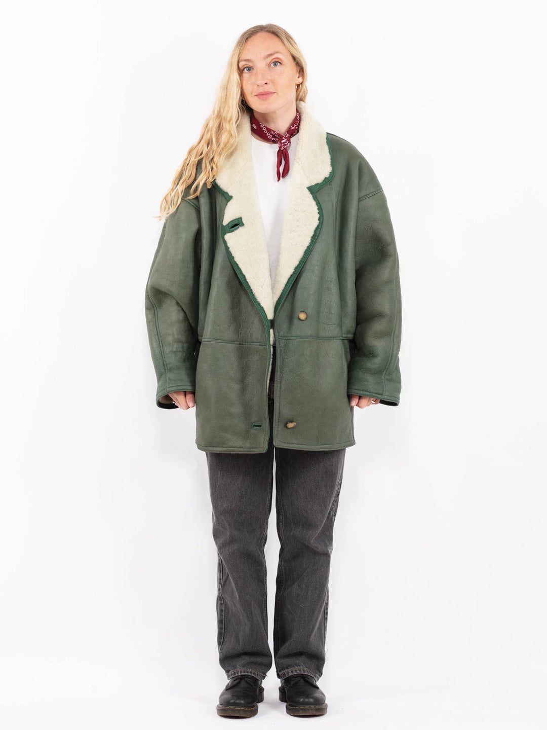Vintage 80's Women Sheepskin Coat in GreenA0656