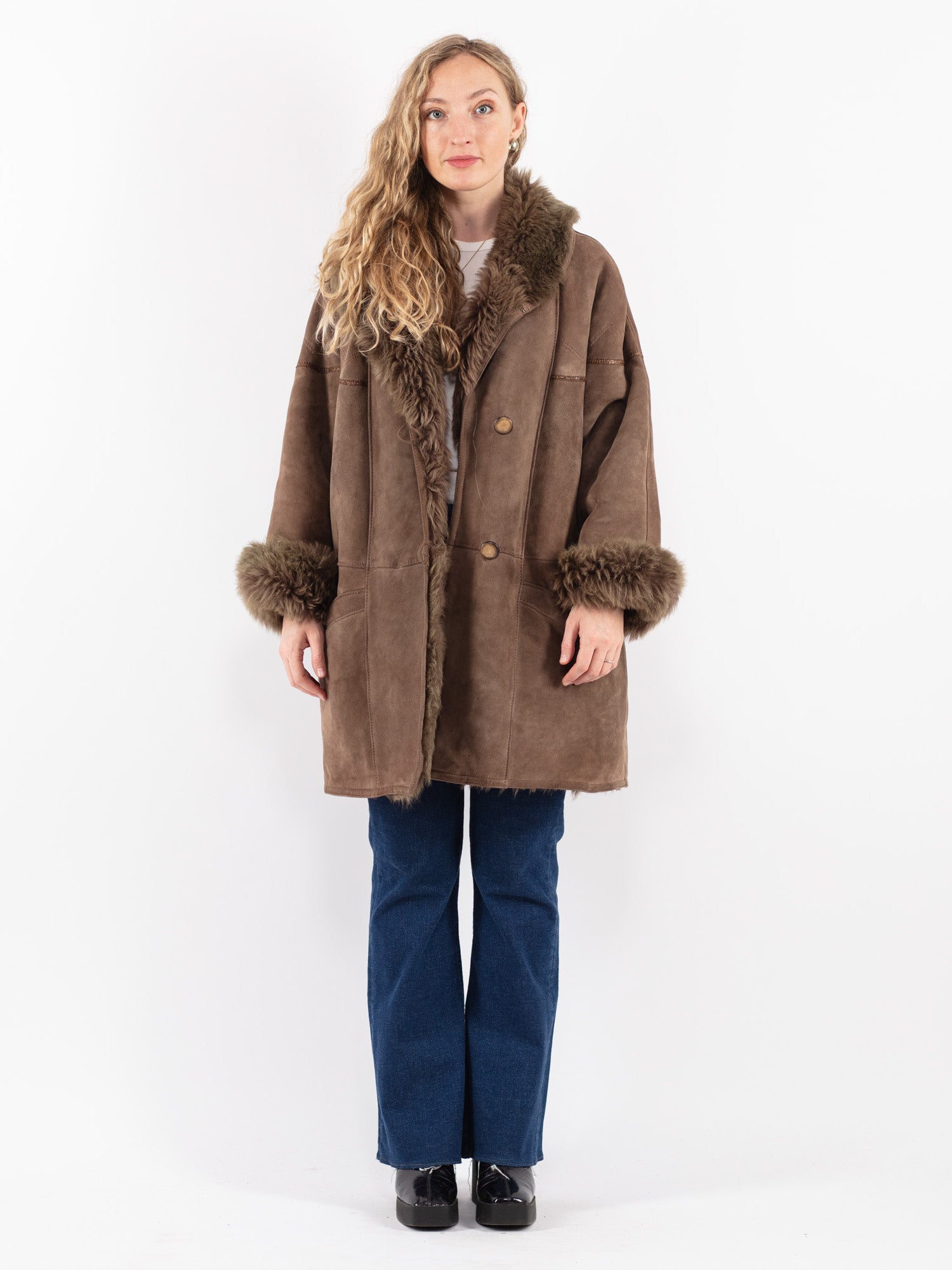 Vintage 80s Cream Sheepskin Shearling Coat M