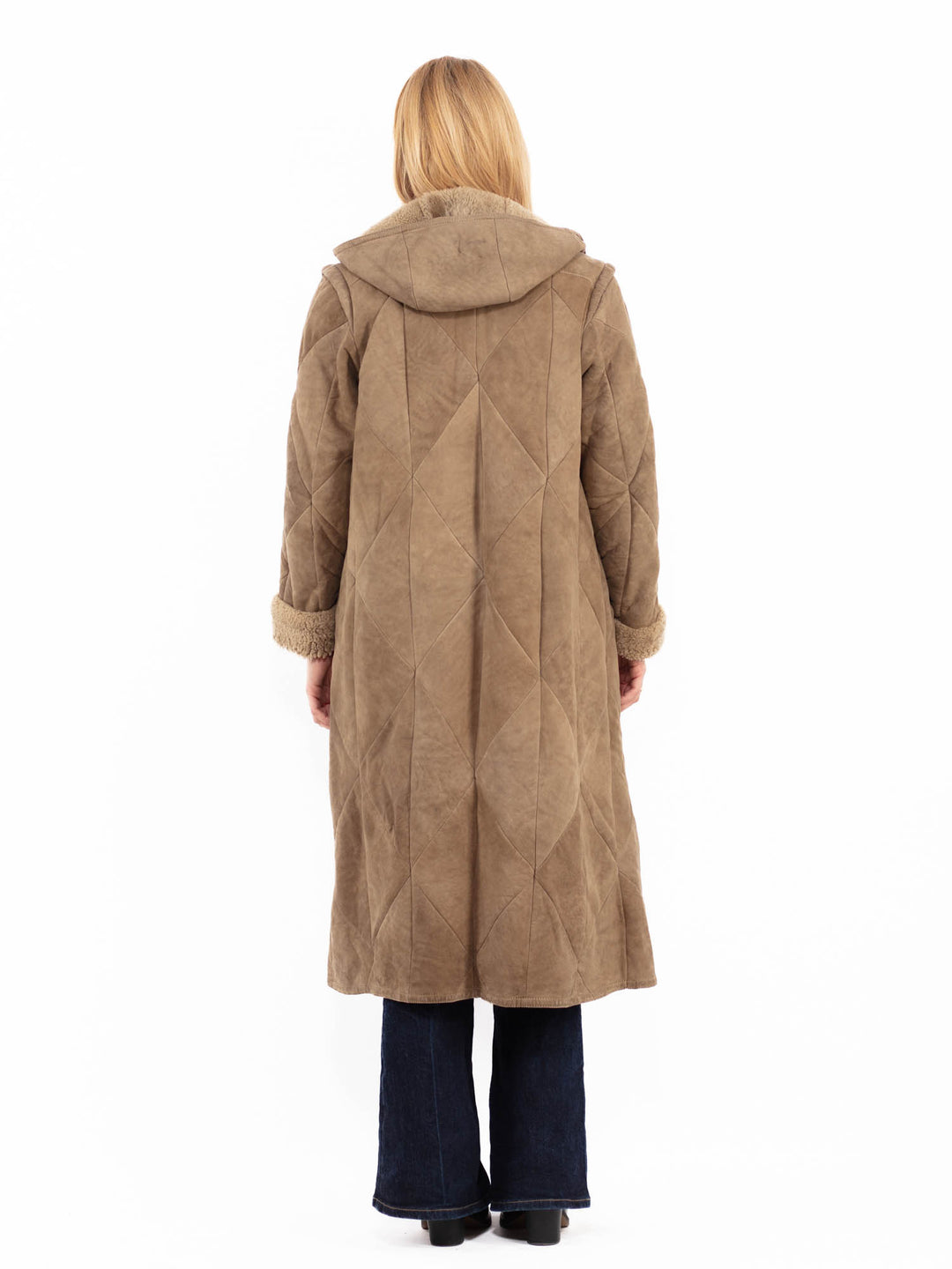 Vintage 80's Women Sheepskin Long Coat in Dark beige