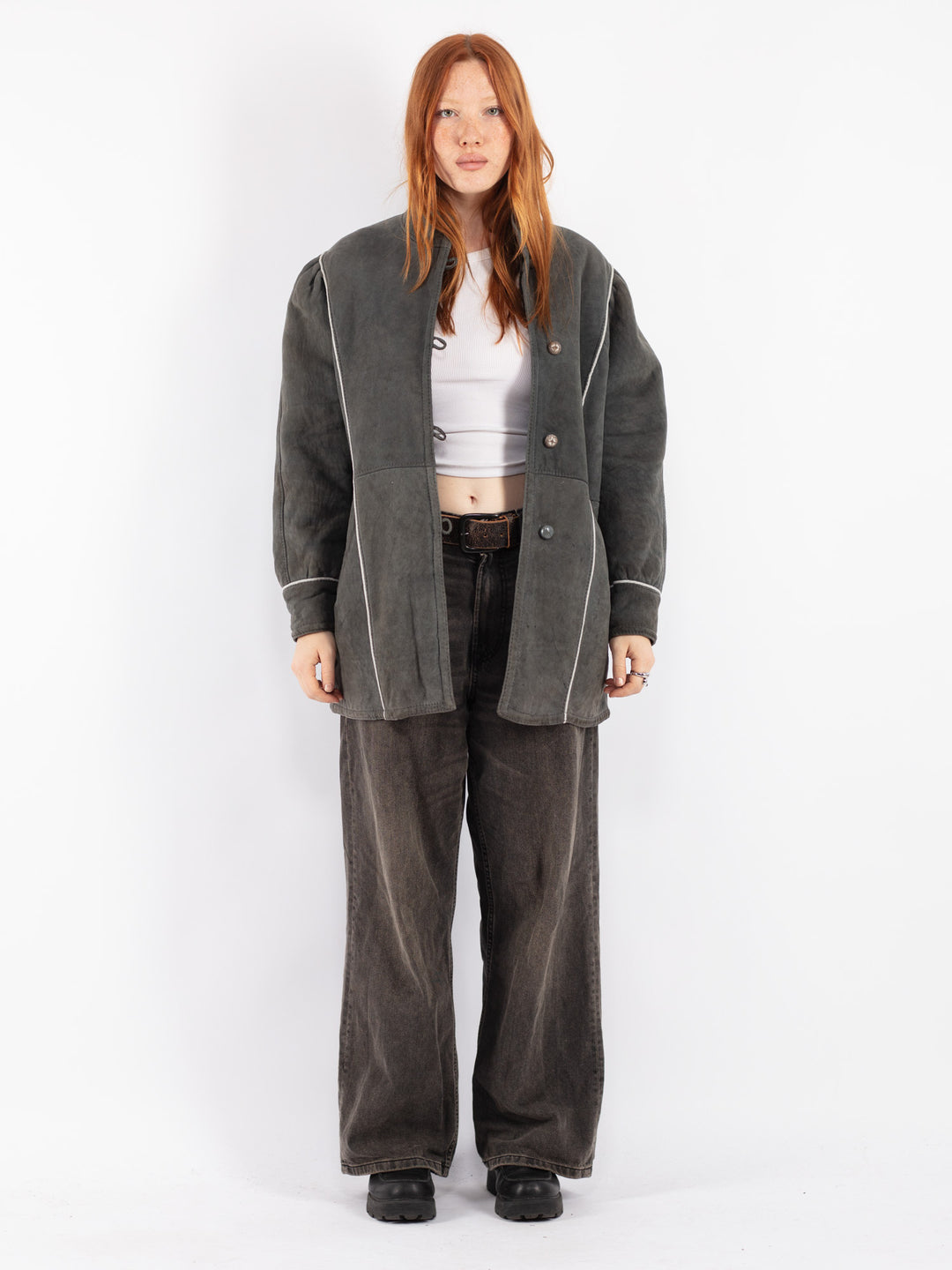 Vintage 80's Women Sheepskin Shearling Coat in Gray