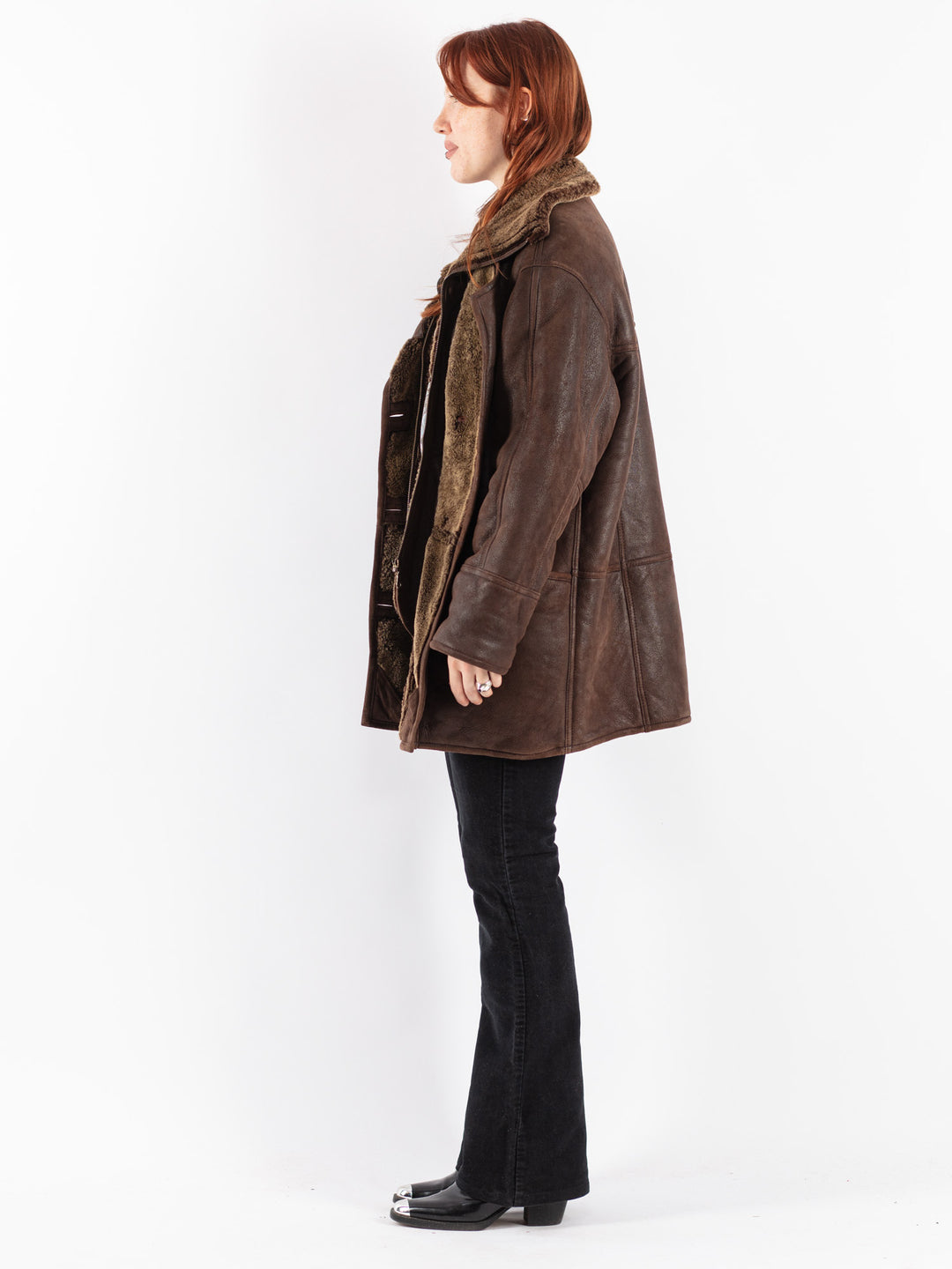Vintage 80's Women Sheepskin Shearling Coat in Brown
