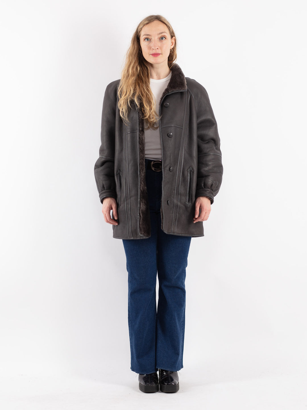 Vintage 80's Women Sheepskin Shearling Coat in Gray