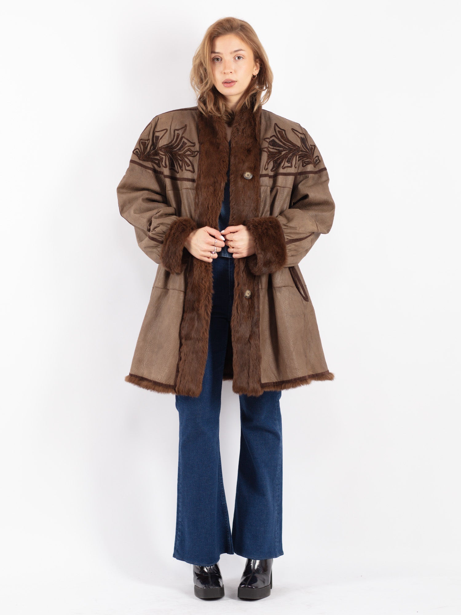 Vintage 80s 90s Red Faux Fur Lined Suede Long Shearling Coat M