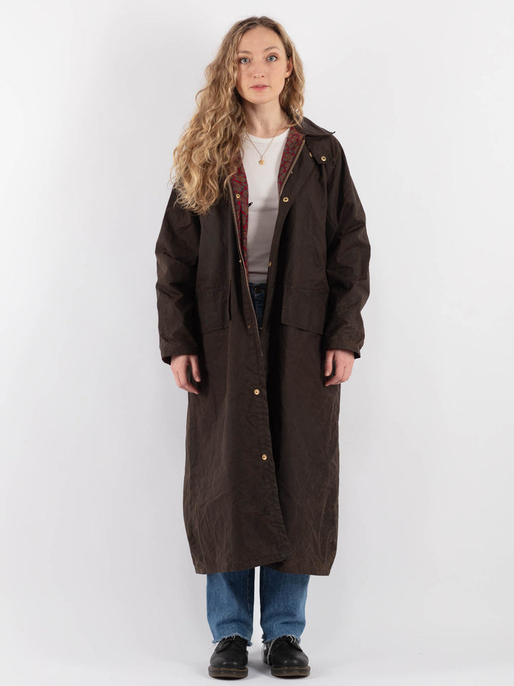 Vintage 80's Women Waxed Cotton Long Coat in Brown (šujas, atstāt draftos) - NorthernGrip
