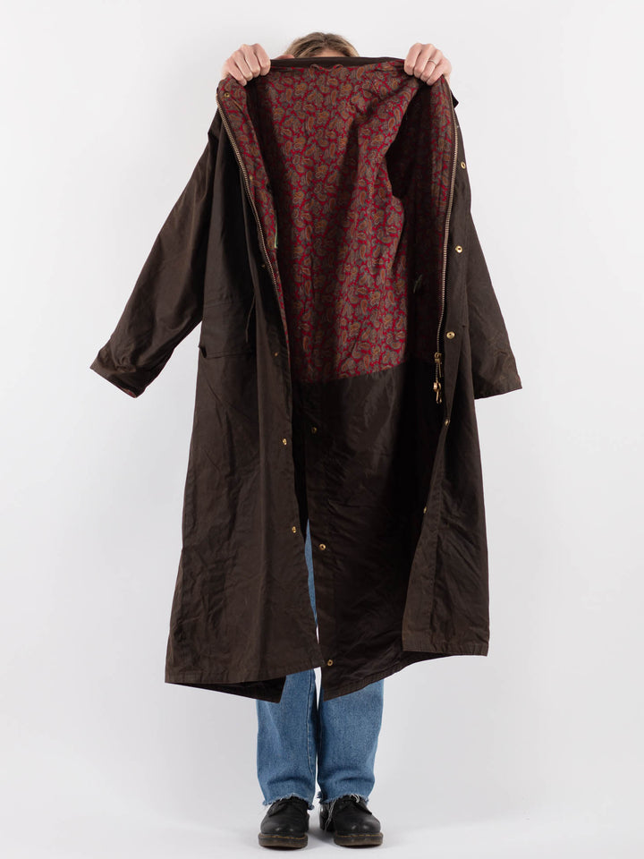 Vintage 80's Women Waxed Cotton Long Coat in Brown (šujas, atstāt draftos) - NorthernGrip
