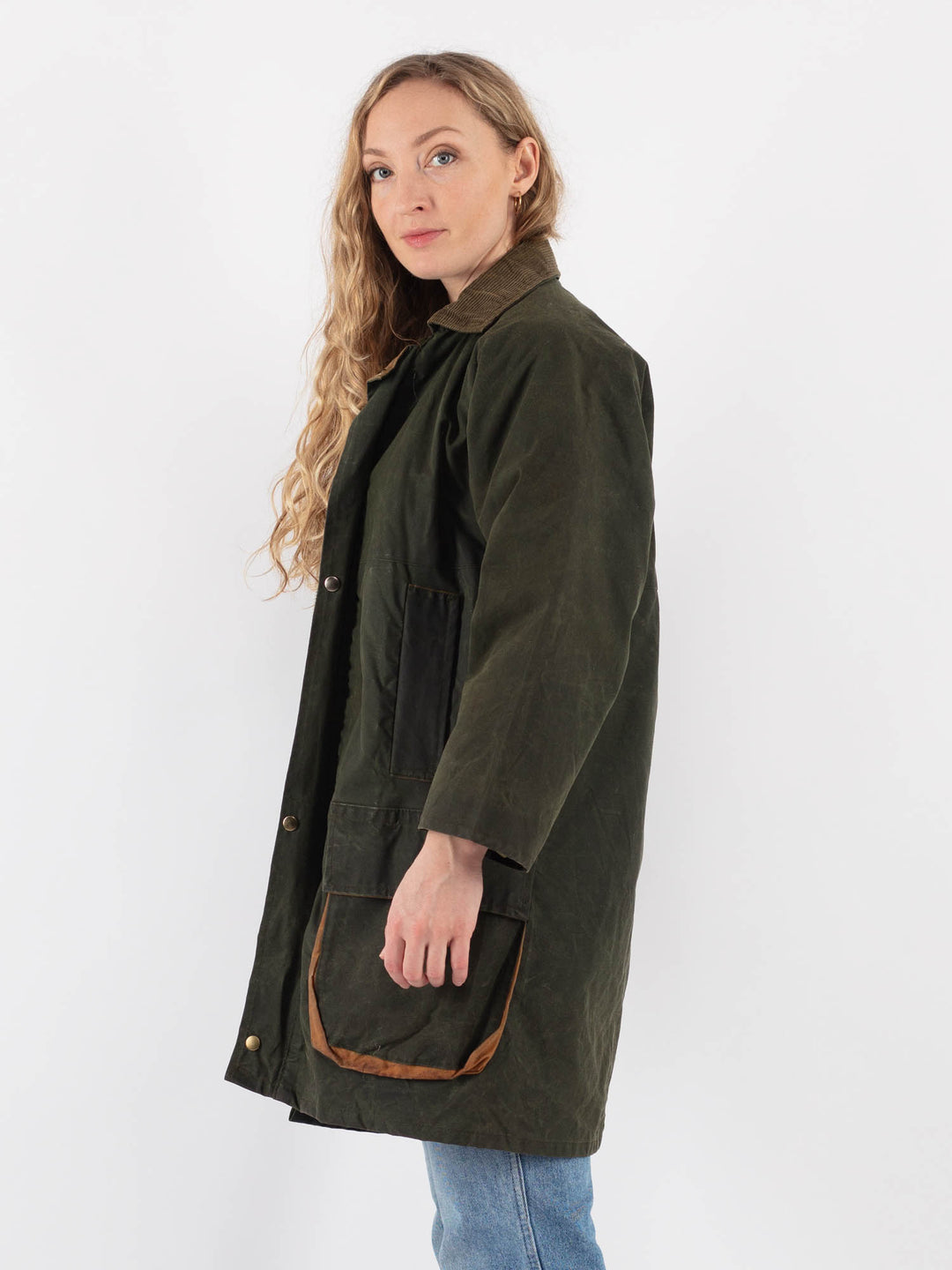 Vintage 80's Women Waxed Cotton Coat in Green