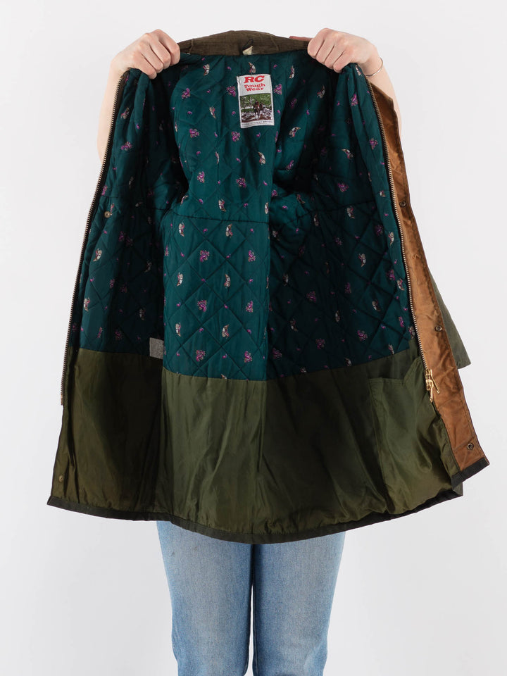 Vintage 80's Women Waxed Cotton Coat in Green