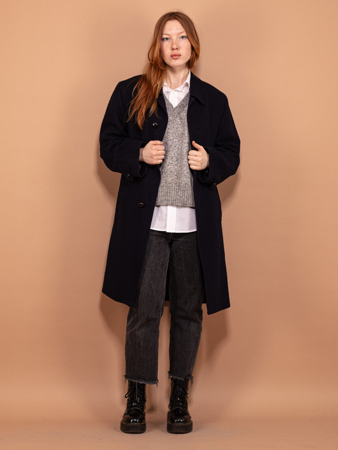 Vintage 80's Women Wool Blend Coat in Navy Blue - NorthernGrip