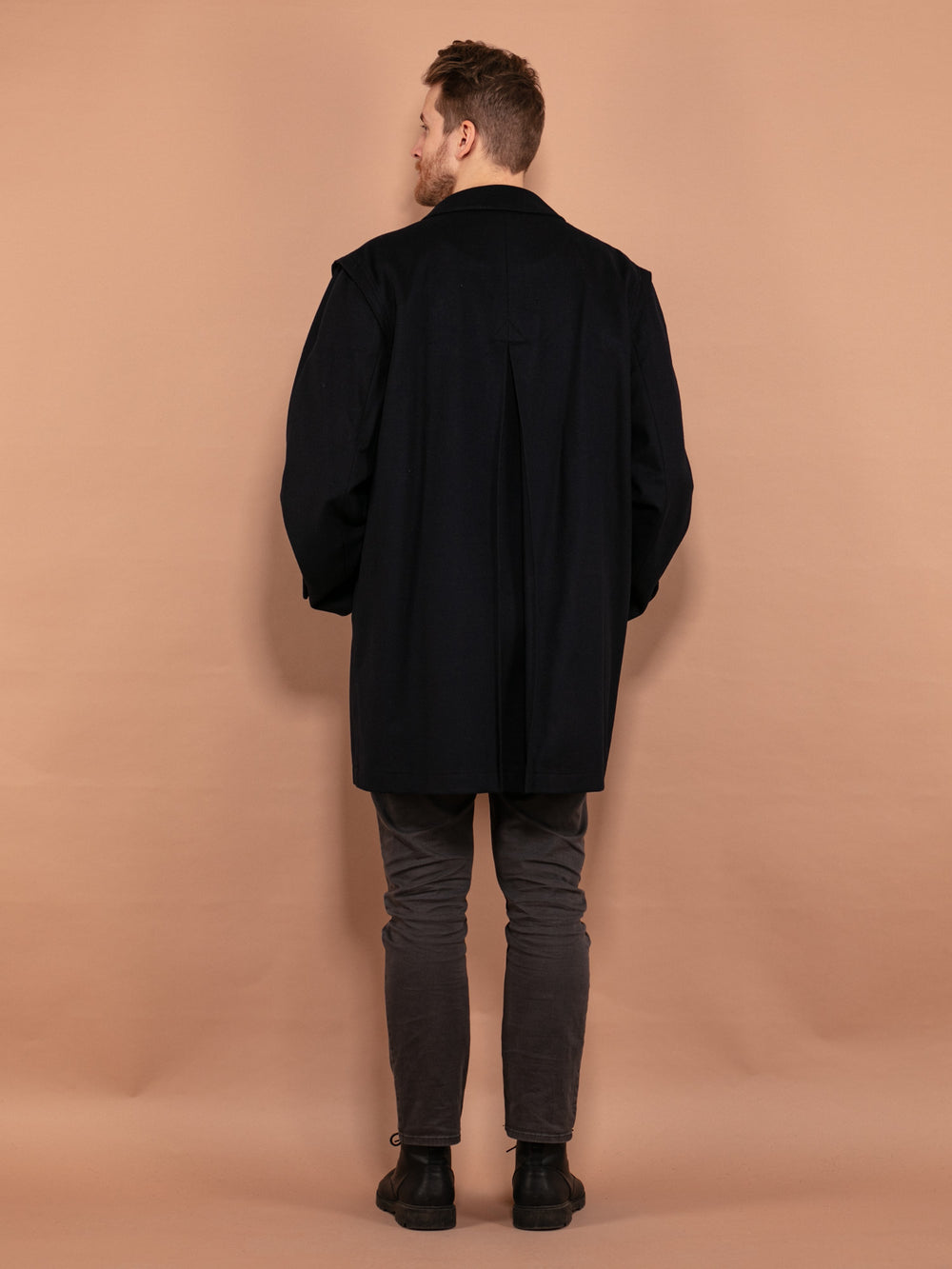 Vintage 90's Men Cashmere and Wool Blend Coat in Navy Blue - NorthernGrip