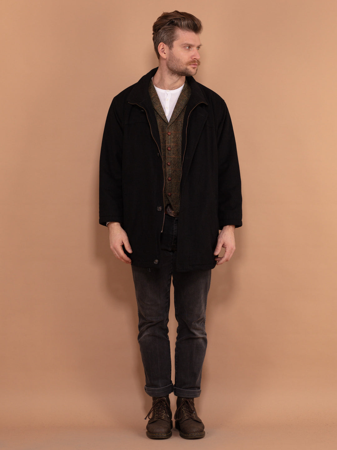 Vintage 90's Men Cashmere Wool Blend Coat in Black - NorthernGrip