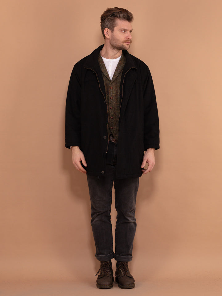 Vintage 90's Men Cashmere Wool Blend Coat in Black - NorthernGrip