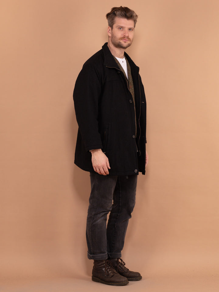 Vintage 90's Men Cashmere Wool Blend Coat in Black - NorthernGrip